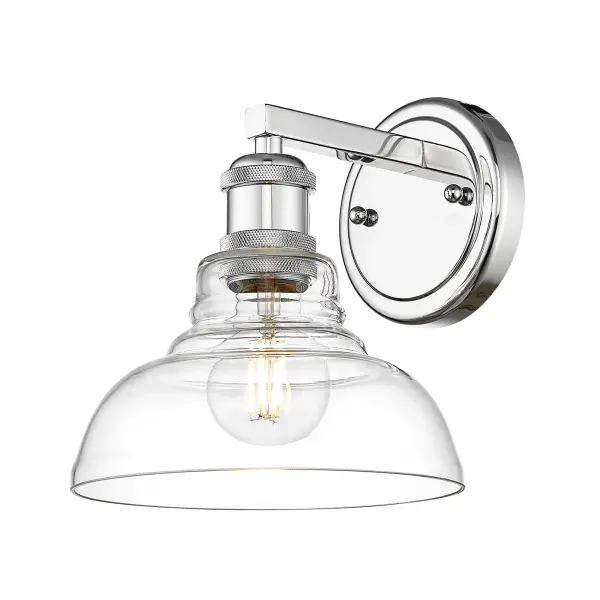 The Carver vanity light combines polished chrome with clear glass for a versatile fixture that works in modern and traditional bathrooms. Damp-rated and compact at 7.5" wide, it delivers bright, unobstructed light.
