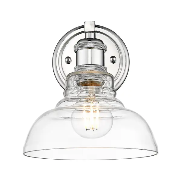 The Carver vanity light combines polished chrome with clear glass for a versatile fixture that works in modern and traditional bathrooms. Damp-rated and compact at 7.5" wide, it delivers bright, unobstructed light. - alternate view