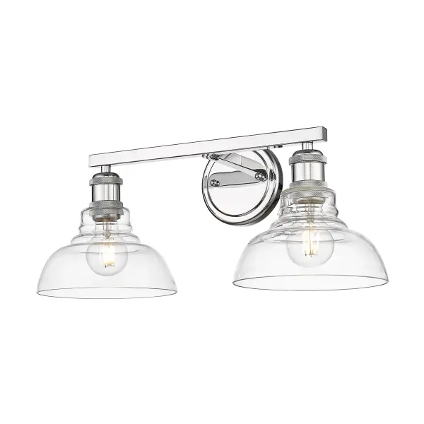 The Carver 2-Light Vanity combines polished chrome elegance with clear glass shades for brilliant, unobstructed illumination. Perfect for bathrooms, this damp-rated fixture offers versatile transitional styling that complements both modern and traditional decor.