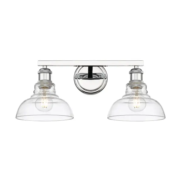 The Carver 2-Light Vanity combines polished chrome elegance with clear glass shades for brilliant, unobstructed illumination. Perfect for bathrooms, this damp-rated fixture offers versatile transitional styling that complements both modern and traditional decor. - alternate view