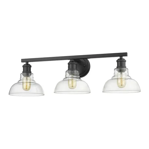 The Carver 3-Light Vanity combines industrial style with transitional elegance, featuring clear glass shades and a sophisticated matte black finish. Perfect for bathrooms needing practical task lighting with modern flair.