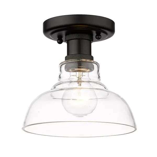 The Carver flush mount delivers clean, modern industrial style in a compact 7.5" profile ideal for low ceilings. Its matte black finish and clear glass shade create sophisticated illumination in tight spaces.