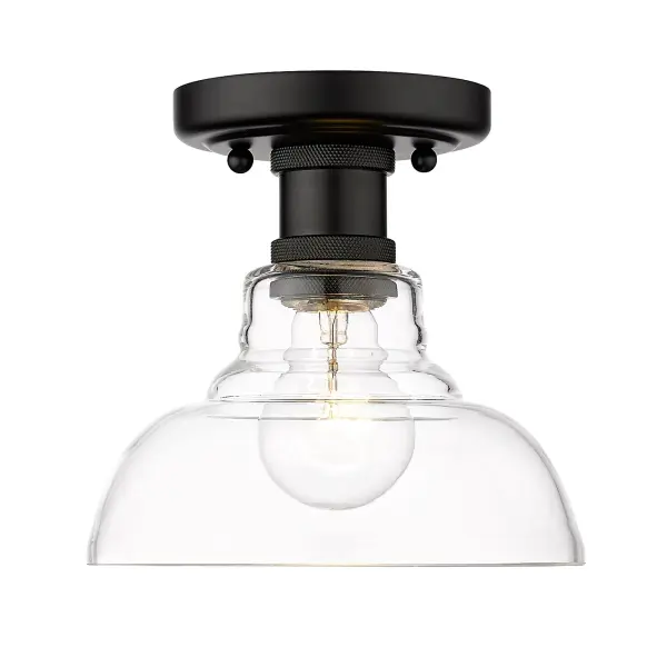 The Carver flush mount delivers clean, modern industrial style in a compact 7.5" profile ideal for low ceilings. Its matte black finish and clear glass shade create sophisticated illumination in tight spaces. - alternate view