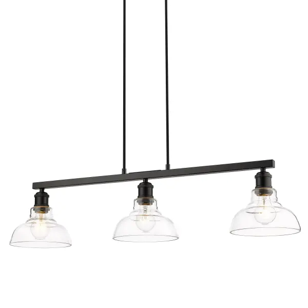 The Carver 3-Light Island Light combines sleek matte black framing with clear glass shades for a contemporary industrial look. Perfect for kitchen islands, it delivers brilliant illumination while showcasing exposed bulbs as part of the design.