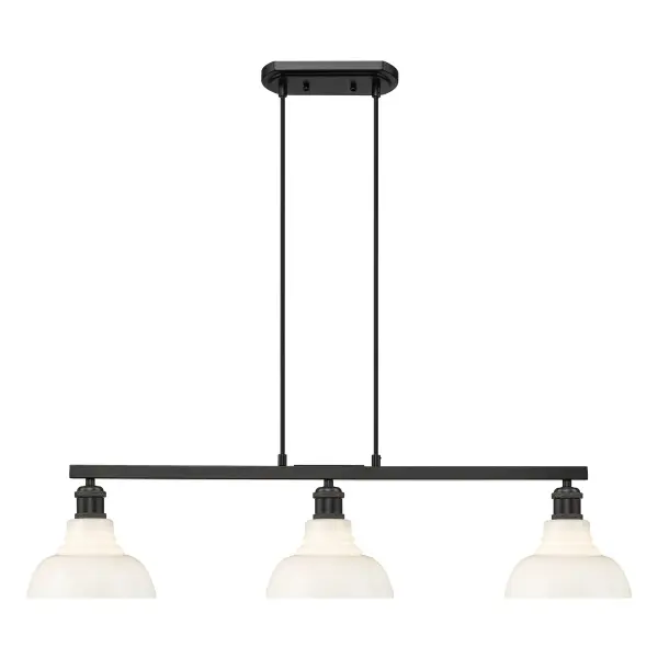 The Carver 3-Light Island Light combines vintage milk glass shades with a sleek matte black frame, delivering soft, glare-free illumination perfect for kitchen islands. Its adjustable height and damp location rating make it versatile for various spaces.