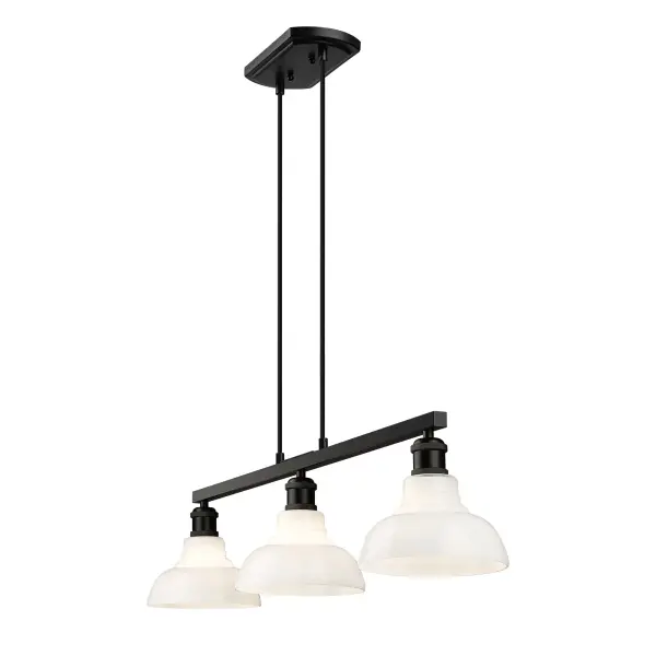 The Carver 3-Light Island Light combines vintage milk glass shades with a sleek matte black frame, delivering soft, glare-free illumination perfect for kitchen islands. Its adjustable height and damp location rating make it versatile for various spaces. - alternate view
