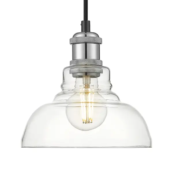 The Carver pendant combines polished chrome with clear glass for a sophisticated look that works across multiple design styles. Its compact 7.5" size and adjustable height make it ideal for kitchens, dining areas, and bathrooms.