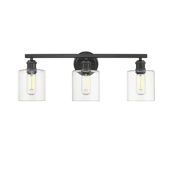The Fisher 3-Light Vanity combines industrial elegance with modern functionality. Its matte black frame and clear glass shades create brilliant, unobstructed light while showcasing exposed bulb design. Damp-rated for bathroom use.