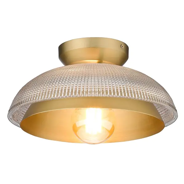 Bring modern sophistication into your home with the Golden Lighting Crawford 1-light Flush Mount. Featuring a glass shade and a brushed champagne brass frame, it creates a welcoming atmosphere. The retro prism glass shade features a brilliant, grid-like prismatic texture that captures and refracts light, creating a dazzling sparkle in your living space. The brushed champagne brass finish offers an elegant sheen, perfectly balancing warmth and contemporary style that can elevate any interior. Ideal for low ceilings in hallways, closets, laundry areas, and bathrooms, it is damp location rated, making it suitable for spaces with occasional moisture. Overall dimensions: 11.75"W x 5.63"H x 11.75"D. Requires 1 E26 Medium base bulb (not included) with a maximum wattage of 100. The Crawford flush mount exemplifies quality and style, providing impactful illumination for your home with its dynamic layered design.