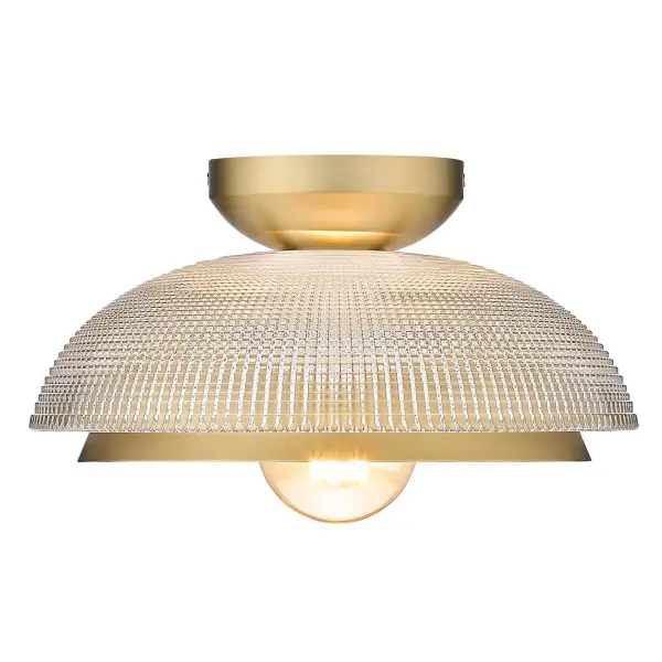 Bring modern sophistication into your home with the Golden Lighting Crawford 1-light Flush Mount. Featuring a glass shade and a brushed champagne brass frame, it creates a welcoming atmosphere. The retro prism glass shade features a brilliant, grid-like prismatic texture that captures and refracts light, creating a dazzling sparkle in your living space. The brushed champagne brass finish offers an elegant sheen, perfectly balancing warmth and contemporary style that can elevate any interior. Ideal for low ceilings in hallways, closets, laundry areas, and bathrooms, it is damp location rated, making it suitable for spaces with occasional moisture. Overall dimensions: 11.75"W x 5.63"H x 11.75"D. Requires 1 E26 Medium base bulb (not included) with a maximum wattage of 100. The Crawford flush mount exemplifies quality and style, providing impactful illumination for your home with its dynamic layered design. - alternate view