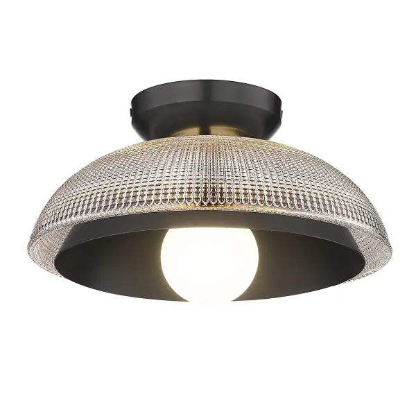 The Crawford flush mount combines modern matte black styling with vintage-inspired prismatic glass for dynamic light refraction. Perfect for low ceilings, this compact fixture delivers both function and style.