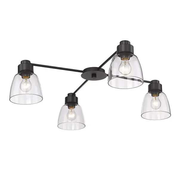 The Remy 4-light flush mount combines substantial 36-inch width with low-profile design, making it ideal for spaces with ceiling height constraints. Clear glass shades showcase bulbs beautifully while matte black finish adds modern sophistication.