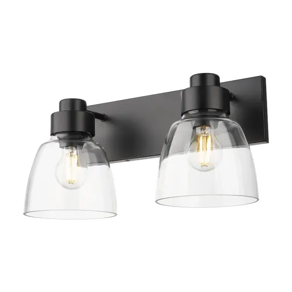 The Golden Lighting Remy 2-Light Vanity combines clean lines with timeless matte black finish and clear glass shades. Perfect for modern bathrooms seeking functional task lighting with understated elegance.