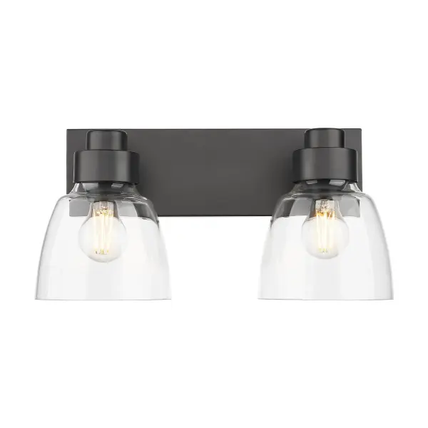 The Golden Lighting Remy 2-Light Vanity combines clean lines with timeless matte black finish and clear glass shades. Perfect for modern bathrooms seeking functional task lighting with understated elegance. - alternate view