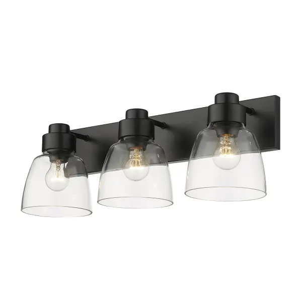 The Golden Lighting Remy 3-Light Vanity combines sleek sophistication with functional design. Its matte black frame and clear glass shades deliver brilliant, unobstructed illumination perfect for bathrooms and damp locations.