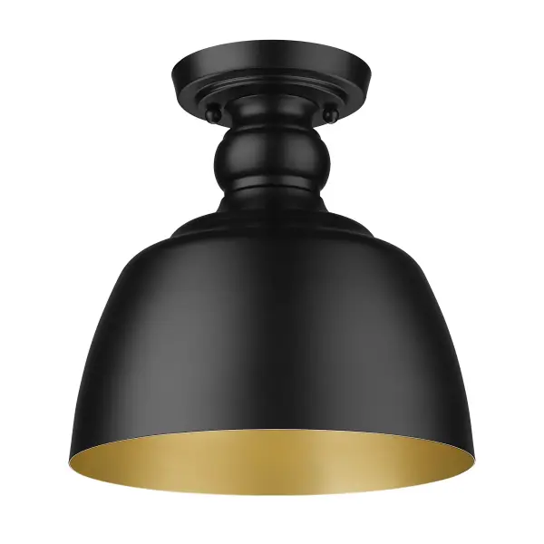 Infuse your space with industrial elegance using the Wry Lighting Holmes 1-light Flush Mount. Featuring a metal shade and a Matte Black frame, this fixture creates a dramatic atmosphere. The matte black finish offers a timeless appeal, providing a soft, sophisticated look that complements various decor styles. Its robust design captures the classic silhouette inspired by vintage factory lighting, delivering a bold yet functional aesthetic. Perfect for low ceilings, this flush mount is ideal for hallways, closets, laundry areas, and bathrooms where space is limited. With a Damp Location Rating, it's suitable for semi-enclosed spaces exposed to occasional moisture. The overall dimensions are 9"W x 9.25"H x 9"D, and it requires 1 E26 medium base bulb (not included) with a maximum wattage of 100. Experience the perfect fusion of form and function with this striking fixture, crafted with enduring quality. Collection: Holmes Finish: Matte Black Glass: Matte Black Width: 9.00" Height: 9.25" Length: 9.00" Weight: 1.58 lb Extension from Wall: 9.00" Canopy: 4.75"W x 4.75"H x 0.88"D Number of Bulbs: 1 Maximum Wattage: 100.00 W Bulb Type: A19 Bulb Base: E26 Light Source: Incandescent Dimmable Voltage: 120.00 V Country of Origin: China Safety Listing: ETL Manufacturer Warranty: 1 Year Limited - alternate view