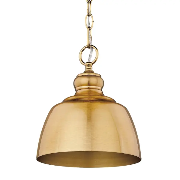 Bring modern elegance into your home with the Wry Lighting Holmes 1-light Pendant in Modern Brushed Gold. Featuring a metal shade and a modern brushed gold frame, it creates a welcoming atmosphere. The simple, utilitarian dome shade is inspired by vintage factory lighting. This metal shade features a warm, saturated gold color with a uniform satin lustre that beautifully diffuses light, resulting in a soft, inviting glow. The finish offers a tactile surface with sophisticated elements, enhancing any interior. This contemporary piece adds stylish illumination to areas like kitchens, dining rooms, or entryways, while being suitable for damp locations. It is sloped-ceiling compatible and has an adjustable height ranging from 14.125" to 87.5". Overall dimensions stand at 9"W x 10.63"H x 9"D, and it requires 1 E26 Medium base bulb with a maximum wattage of 100. Enhance your space with this chic fixture, perfect for modern styling and quality in design. Collection: Holmes Finish: Modern Brushed Gold Glass: Modern Brushed Gold Width: 9.00" Height: 10.63" Length: 9.00" Weight: 1.76 lb Extension from Wall: 9.00" Canopy: 4.75"W x 4.75"H x 0.88"D Number of Bulbs: 1 Maximum Wattage: 100.00 W Bulb Type: A19 Bulb Base: E26 Light Source: Incandescent Dimmable Voltage: 120.00 V Country of Origin: China Safety Listing: ETL Manufacturer Warranty: 1 Year Limited