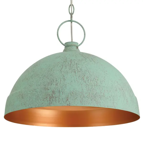 The Golden Lighting Lincoln 1-Light Pendant brings authentic farmhouse character and vintage charm to your home. Crafted with durable, powder-coated aluminum, each fixture is UV- and corrosion-resistant—built to withstand time while maintaining its artisan finish. Available in two unique finishes—Green Patina, with softly weathered turquoise-green tones and subtle brown veining, and Vintage Copper, with a rich, dark antiqued surface—each pendant captures the look of hand-aged metal. The dome silhouette, distressed texture, and soft matte sheen create a warm, rustic glow that complements farmhouse, cottage, bohemian, and coastal interiors alike. The Lincoln Pendant offers functional versatility as well as aesthetic appeal. With its adjustable hanging height (17"-89") and sloped-ceiling compatibility, it easily adapts to different ceiling heights and layouts. The damp location rating makes it suitable for semi-moist spaces such as covered porches, laundry rooms, or bathrooms. Each fixture requires one E26 medium-base bulb (not included) and measures 16.75"W x 14"H x 16.75"D, creating an inviting focal point without overpowering your space. Key Features: • Durable, all-weather aluminum with UV- and corrosion-resistant coating • Authentic distressed finish in Green Patina or Vintage Copper • Sloped-ceiling compatible and adjustable height (17"-89") • Damp rated for indoor or covered outdoor use • Requires 1 E26 medium-base bulb, 60W max (not included) • Dimensions: 16.75"W x 14"H x 16.75"D Perfect For: Kitchens, dining rooms, bedrooms, entryways, foyers, and bathrooms. Customer Highlights: Shoppers love the Lincoln pendant for its high-quality craftsmanship, versatile style, and easy installation. Its timeless design and weathered finish make it an elegant yet cozy addition to any home. Collection: Lincoln Finish: Green Patina Glass: Green Patina Width: 16.75" Height: 14.00" Weight: 4.57 lb Extension from Wall: 16.75" Canopy: 5"W x 5"H x 2.25"D Number of Bulbs: 1 Maximum Wattage: 100.00 W Bulb Type: A19 Bulb Base: E26 Dimmable Voltage: 120.00 V Country of Origin: China Safety Listing: ETL Manufacturer Warranty: 1 Year Limited