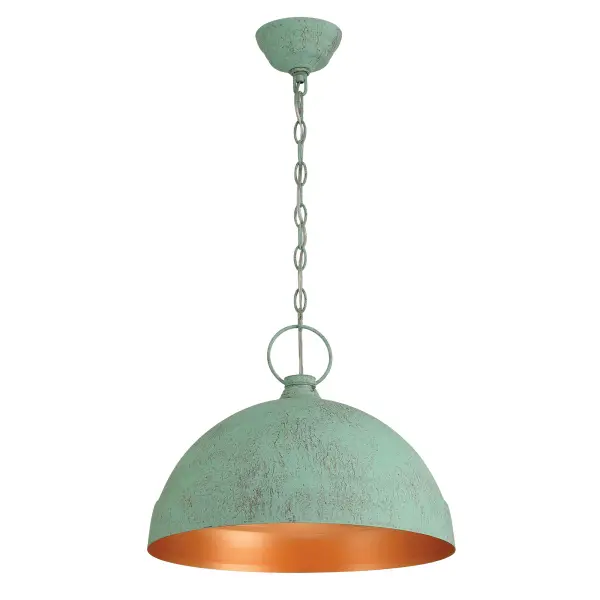 The Golden Lighting Lincoln 1-Light Pendant brings authentic farmhouse character and vintage charm to your home. Crafted with durable, powder-coated aluminum, each fixture is UV- and corrosion-resistant—built to withstand time while maintaining its artisan finish. Available in two unique finishes—Green Patina, with softly weathered turquoise-green tones and subtle brown veining, and Vintage Copper, with a rich, dark antiqued surface—each pendant captures the look of hand-aged metal. The dome silhouette, distressed texture, and soft matte sheen create a warm, rustic glow that complements farmhouse, cottage, bohemian, and coastal interiors alike. The Lincoln Pendant offers functional versatility as well as aesthetic appeal. With its adjustable hanging height (17"-89") and sloped-ceiling compatibility, it easily adapts to different ceiling heights and layouts. The damp location rating makes it suitable for semi-moist spaces such as covered porches, laundry rooms, or bathrooms. Each fixture requires one E26 medium-base bulb (not included) and measures 16.75"W x 14"H x 16.75"D, creating an inviting focal point without overpowering your space. Key Features: • Durable, all-weather aluminum with UV- and corrosion-resistant coating • Authentic distressed finish in Green Patina or Vintage Copper • Sloped-ceiling compatible and adjustable height (17"-89") • Damp rated for indoor or covered outdoor use • Requires 1 E26 medium-base bulb, 60W max (not included) • Dimensions: 16.75"W x 14"H x 16.75"D Perfect For: Kitchens, dining rooms, bedrooms, entryways, foyers, and bathrooms. Customer Highlights: Shoppers love the Lincoln pendant for its high-quality craftsmanship, versatile style, and easy installation. Its timeless design and weathered finish make it an elegant yet cozy addition to any home. Collection: Lincoln Finish: Green Patina Glass: Green Patina Width: 16.75" Height: 14.00" Weight: 4.57 lb Extension from Wall: 16.75" Canopy: 5"W x 5"H x 2.25"D Number of Bulbs: 1 Maximum Wattage: 100.00 W Bulb Type: A19 Bulb Base: E26 Dimmable Voltage: 120.00 V Country of Origin: China Safety Listing: ETL Manufacturer Warranty: 1 Year Limited - alternate view