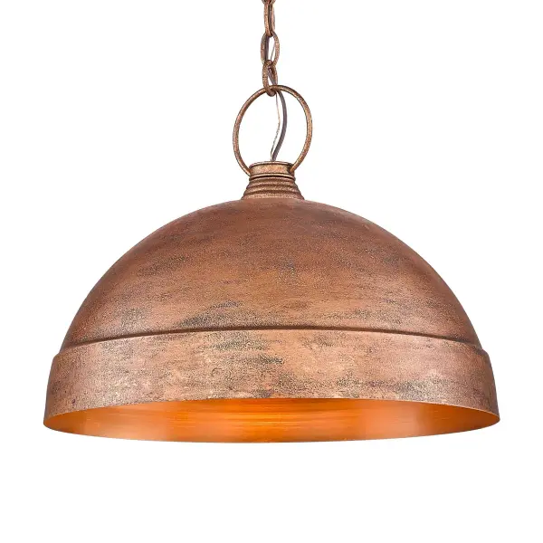 The Lincoln pendant brings old-world farmhouse elegance with its heavily textured Vintage Copper finish inspired by antique cookware. Perfect for eclectic spaces, this damp-rated fixture offers adjustable height and sloped-ceiling compatibility.