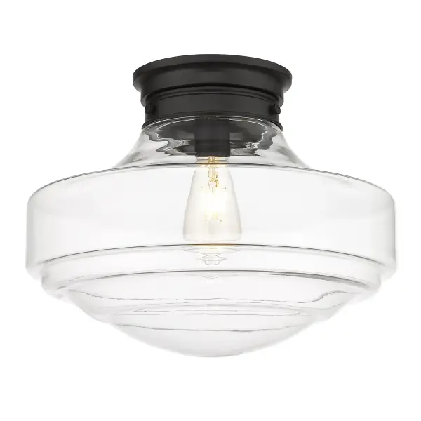 The Golden Lighting Ingalls semi-flush mount combines clean modern lines with farmhouse charm. Its matte black frame and clear glass shade create sophisticated illumination perfect for smaller spaces with lower ceilings.