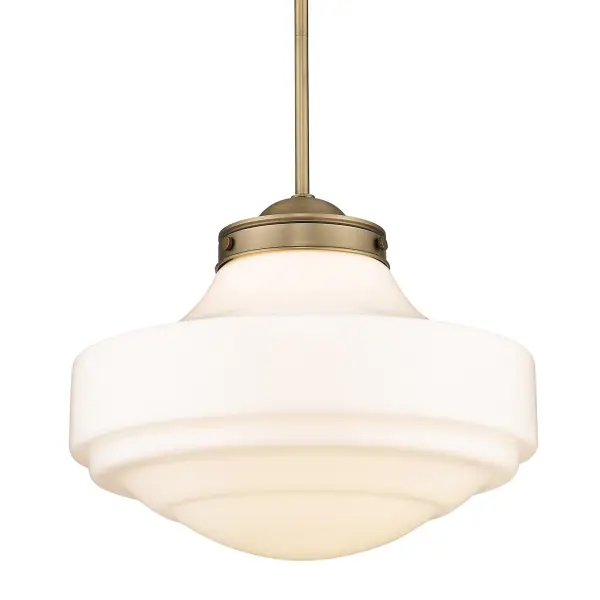 The Ingalls pendant combines vintage schoolhouse design with contemporary farmhouse style. Its 16-inch milk glass shade provides soft, glare-free illumination while the brushed brass finish adds warmth and sophistication.
