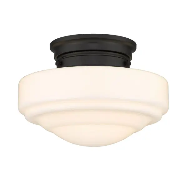 The Ingalls semi-flush mount combines vintage milk glass with matte black for timeless appeal. Its compact 12-inch design delivers soft, glare-free illumination perfect for traditional and farmhouse interiors.