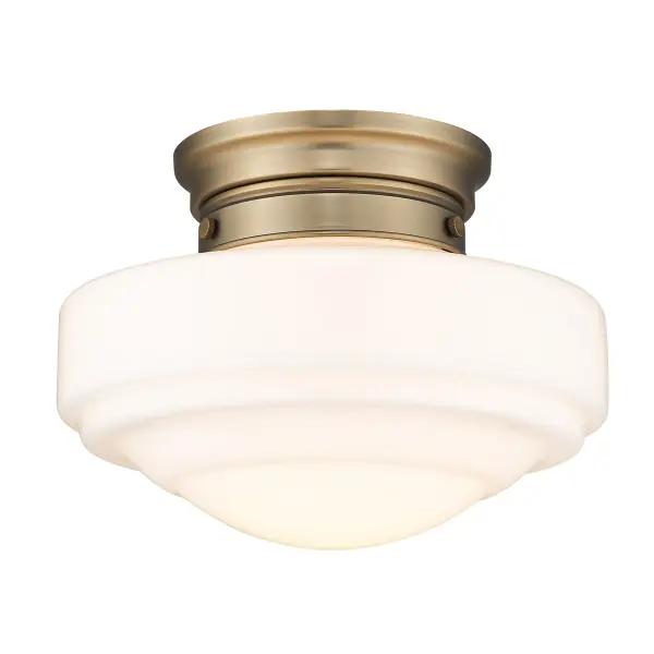 The Golden Lighting Ingalls semi-flush mount combines vintage milk glass with modern brass for a sophisticated farmhouse aesthetic. Its compact 12-inch design delivers soft, glare-free illumination perfect for mid-height ceilings.
