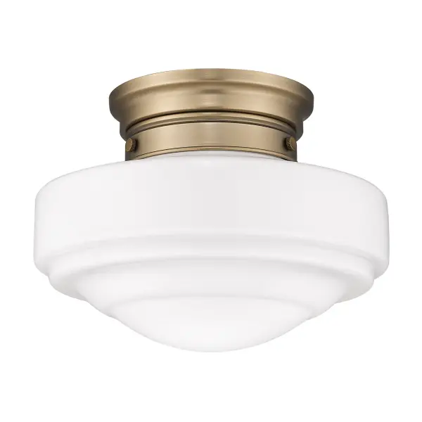 The Golden Lighting Ingalls semi-flush mount combines vintage milk glass with modern brass for a sophisticated farmhouse aesthetic. Its compact 12-inch design delivers soft, glare-free illumination perfect for mid-height ceilings. - alternate view