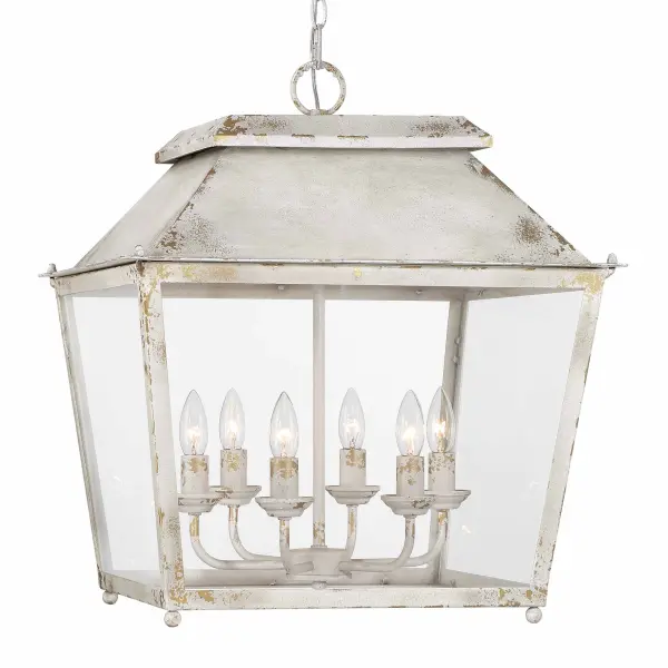 The Abingdon 6-light pendant combines European heirloom charm with farmhouse elegance. Its distressed Antique Ivory finish and clear glass shades create warm, inviting illumination perfect for dining rooms and entryways.
