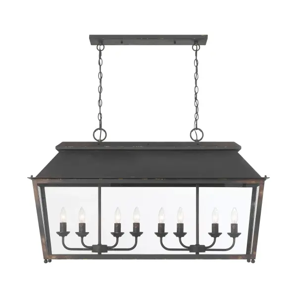 The Abingdon 8-light island fixture combines farmhouse warmth with industrial edge through its antique black iron finish and clear glass shades. At 42" wide, it makes a bold statement over kitchen islands while the adjustable height and sloped-ceiling compatibility ensure versatile installation.