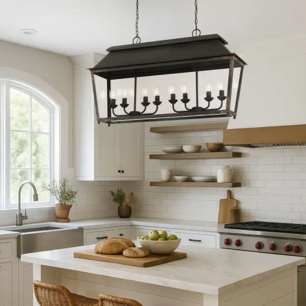 The Abingdon 8-light island fixture combines farmhouse warmth with industrial edge through its antique black iron finish and clear glass shades. At 42" wide, it makes a bold statement over kitchen islands while the adjustable height and sloped-ceiling compatibility ensure versatile installation. - alternate view