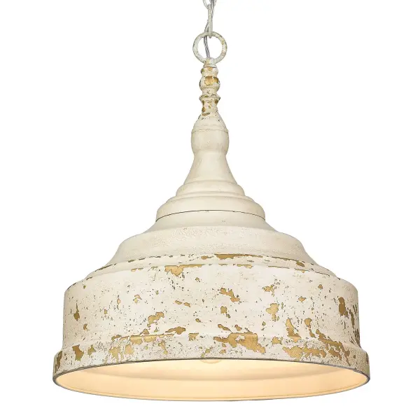 Bring classic farmhouse elegance into your home with the Golden Lighting Keating 3-light Pendant. Featuring a metal shade and a striking Antique Ivory frame, it creates a welcoming atmosphere. The metal shade offers a matte, cracked texture that diffuses light beautifully, enhancing any space with a warm glow. Evoking the timeless charm of a treasured European heirloom, the Antique Ivory finish is rich with character and history, featuring purposeful chips and weathering that reveal unexpected glints of a warm, gilded underlayer. This versatile pendant light is perfect for focused yet decorative illumination in kitchens, dining rooms, or entryways. Damp Location Rated, it is suitable for covered spaces with occasional moisture, and it is easily installed on sloped ceilings with an adjustable height ranging from 22.75" to 94.75". Overall Dimensions: 16.5"W x 19.75"H x 16.5"D. Requires 3 E26 Medium base bulbs (not included), with a maximum wattage of 60 per bulb. Elevate your home décor with this handcrafted piece that celebrates quality and distinct character.