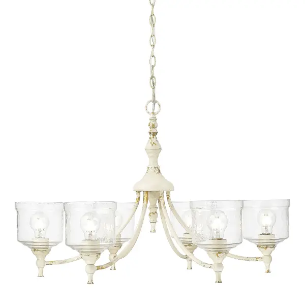 The Keating 6-Light Chandelier combines farmhouse charm with sophisticated design. Its hammered water glass shades create beautiful light patterns while the weathered Antique Ivory finish adds authentic character and warmth to any space.
