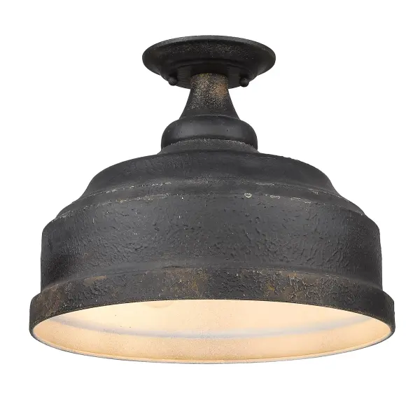 The Keating semi-flush mount delivers authentic industrial style with its distressed Antique Black Iron finish revealing warm gold undertones. Perfect for adding rugged character to kitchens, dining rooms, and entryways.