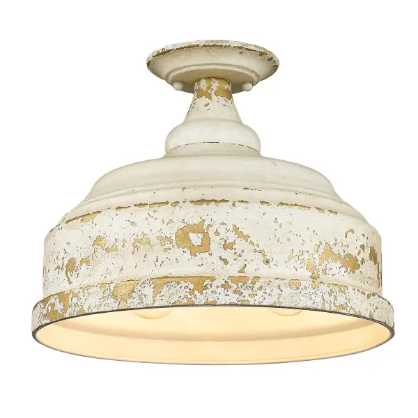 The Keating semi-flush mount delivers authentic farmhouse style with its distinctive cracked texture and weathered Antique Ivory finish. Perfect for adding vintage character to kitchens, bedrooms, and entryways.
