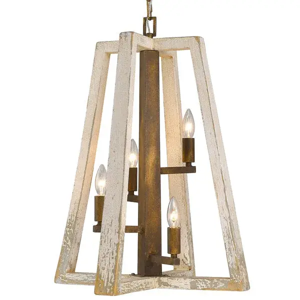Bring rustic charm into your home with the Wry Lighting Pilar 4-light Pendant. Featuring a burnished chestnut finish, it elevates any space with its inviting warmth. Designed without a shade, this pendant spotlight shines directly, enhancing its dynamic presence. The rustic detailing in the burnished chestnut finish - encompassing a hand-rubbed effect that highlights every curve - adds a classic yet contemporary touch. This rich finish creates a warm glow that suits a variety of settings while celebrating wooden craftsmanship and traditional design. Perfect for kitchens, dining areas, or bedrooms, the fixture is dry location rated, making it ideal for indoor spaces free from moisture. The sloped ceiling compatibility allows for versatile installations in unique spaces, fitting seamlessly into your home. Overall dimensions are 19.5"W x 26"H x 19.5"D, and it requires 4 E12 candelabra base bulbs, max 60 watts each. Illuminate your home with exquisite craftsmanship and rustic charm that welcomes family and friends. Collection: Pilar Rooms: Kitchen,Foyer,Living,Bedroom Finish: Burnished Chestnut Notes: Fixture is chain hung which means it may be mounted on a sloped ceiling. Fixture has Fir wood accents. Width: 19.50" Height: 26.00" Length: 19.50" Weight: 9.08 lb Extension from Wall: 19.50" Chain: 6` Wire: 10` Canopy: 5"W x 5"H x 1"D Number of Bulbs: 4 Maximum Wattage: 60.00 W Bulb Type: CA10 Bulb Base: E12 Light Source: Incandescent Dimmable Voltage: 120.00 V Material: Steel, Wood Country of Origin: China Safety Listing: ETL Safety Rating: Dry Connection: Hardware Manufacturer Warranty: 1 Year Limited Instructions Parts Diagram