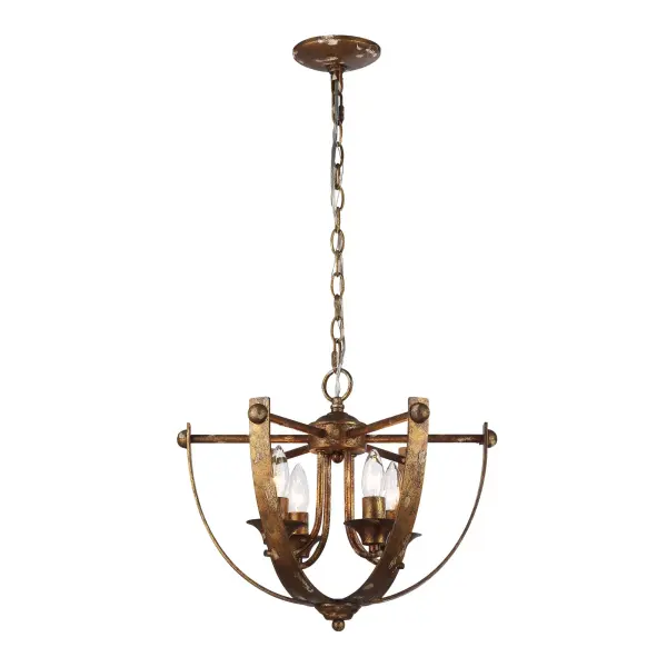 Bring traditional elegance into your home with the Wry Lighting Victoria 4-light Pendant in Heirloom Gold. Perfect for adding stylish illumination, this pendant features a captivating Heirloom Gold finish that amplifies its classic charm. Designed without a shade, the pendant showcases artisanal craftsmanship and the unique character of its finish. The layered texture and rustic gold patina evoke a sense of history and timeless sophistication. This versatile fixture is dry location rated, making it suitable for indoor spaces like kitchens, dining rooms, and entryways. With a convertible design and adjustable height, it can be installed as a pendant or semi-flush mount to suit your space. Overall dimensions are 17.13"W x 14"H x 17.13"D, and it requires 4 E12 Candelabra base bulbs (not included, maximum 60 wattage per bulb) to illuminate beautifully. This stunning pendant offers both style and function, enriching any space with its quality and historic appeal. Collection: Victoria Finish: Heirloom Gold Width: 17.13" Height: 14.00" Weight: 9.20 lb Extension from Wall: 17.13" Canopy: 4.88"W x 4.88"H x 1"D Number of Bulbs: 4 Maximum Wattage: 60.00 W Bulb Type: CA10 Bulb Base: E12 Light Source: Incandescent Dimmable Voltage: 120.00 V Country of Origin: China Safety Listing: ETL Manufacturer Warranty: 1 Year Limited - alternate view