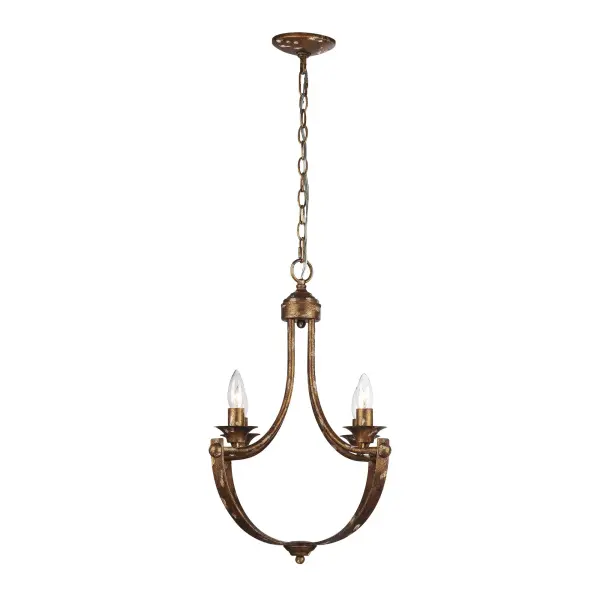 Bring traditional elegance into your home with the Wry Lighting Victoria 4-light Chandelier in Heirloom Gold. Ideal for creating a welcoming atmosphere, this chandelier features a captivating Heirloom Gold finish that enhances its timeless charm. Constructed without a shade, this piece highlights its intricate metalwork, showing off the character of its artisan finish. The delightful patina and multi-layered texture evoke the essence of a cherished family heirloom, embodying rustic complexity and sophistication. Designed for dry locations, it's perfect for indoor spaces like bedrooms, living rooms, and hallways. The chandelier is sloped-ceiling compatible and height adjustable, allowing you to customize its installation anywhere in your home. Dimensions measure 18"W x 22.5"H x 18"D, and it requires 4 E12 Candelabra base bulbs (not included, maximum 60 wattage per bulb) for that soft glowing illumination. This exquisite fixture promises to be a focal point in any room, exuding quality craftsmanship and historical charm. Collection: Victoria Finish: Heirloom Gold Width: 18.00" Height: 22.50" Weight: 7.20 lb Extension from Wall: 18.00" Canopy: 4.88"W x 4.88"H x 1"D Number of Bulbs: 4 Maximum Wattage: 60.00 W Bulb Type: CA10 Bulb Base: E12 Light Source: Incandescent Dimmable Voltage: 120.00 V Country of Origin: China Safety Listing: ETL Manufacturer Warranty: 1 Year Limited - alternate view
