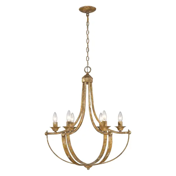 Bring traditional elegance into your home with the Wry Lighting Victoria 6-light Chandelier in Heirloom Gold. This stunning piece radiates warmth and sophistication, making it perfect for a variety of settings. Designed without a shade, it features a striking frame in Heirloom Gold, allowing the intricate details of the piece to shine. The unique texture and multi-layered finish create an inviting atmosphere, revealing a rustic patina that enhances its historic charm. The Heirloom Gold finish tells a story with its warm antique gold and artfully distressed surface, adding a unique touch to your decor. Ideal for dining rooms and entryways, this chandelier is dry location-rated, making it perfect for spaces not subject to moisture. It's compatible with sloped ceilings and adjustable in height from 31.25" to 100.75", allowing you to customize the look for your need. Overall dimensions measure 23.5"W x 27.75"H x 23.5"D, and it requires 6 E12 candelabra base bulbs (not included), with a maximum wattage of 60 per bulb, ensuring ample illumination for any gathering. Elevate your space with this timeless chandelier that reflects quality craftsmanship and an enduring style. Collection: Victoria Rooms: Kitchen,Foyer,Living,Bedroom Finish: Heirloom Gold Notes: Fixture is chain hung which means it may be mounted on a sloped ceiling. Width: 23.50" Height: 27.75" Length: 23.50" Weight: 9.66 lb Extension from Wall: 23.50" Chain: 6` Wire: 10` Canopy: 5"W x 5"H x 1"D Number of Bulbs: 6 Maximum Wattage: 60.00 W Bulb Type: CA10 Bulb Base: E12 Light Source: Incandescent Dimmable Voltage: 120.00 V Material: Steel Country of Origin: China Safety Listing: ETL Safety Rating: Dry Connection: Hardware Manufacturer Warranty: 1 Year Limited Instructions Parts Diagram - alternate view