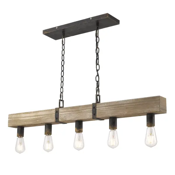 The Garrett 5-Light Island Light combines rustic charm with modern farmhouse style, featuring five lights mounted on a reclaimed-style natural wood beam with antique black iron accents. The heavily textured finish reveals warm gold undertones, creating an authentic handcrafted appearance perfect for kitchen islands and dining spaces.