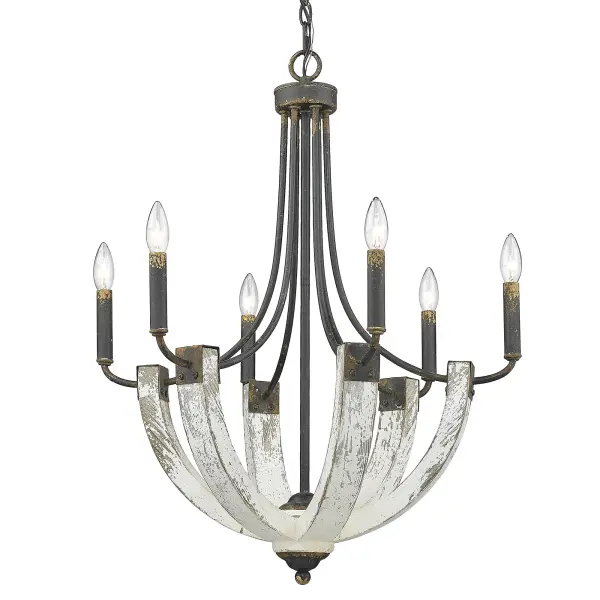 Bring Farmhouse elegance into your home with the Wry Lighting Elwood 6-light Chandelier. Featuring an eye-catching design and an Antique Black Iron frame, it creates a welcoming atmosphere. The chandelier exhibits a raw, distressed aesthetic without the use of a shade, showcasing its bold structure and inviting texture. Crafted with a richly detailed Antique Black Iron finish, the chandelier evokes a sense of history and craftsmanship, making each piece unique. The heavily pitted and crackled surface captures the rugged beauty of a bygone era, lending an authentic touch to your space. Make a grand impression in dining rooms and foyers or elevate bedrooms and living spaces with a touch of classic elegance. Dry Location Rated for indoor spaces not subject to moisture, it is also compatible with sloped ceilings. Overall Dimensions: 24"W x 30.5"H x 24"D, requiring 6 E12 Candelabra base bulbs (not included) with a maximum of 60 watts per bulb. The Wry Lighting Elwood 6-light Chandelier is a testament to artisanal craftsmanship, making it an ideal statement piece that enhances your home's character. Collection: Elwood Rooms: Kitchen,Living,Dining Finish: Antique Black Iron Width: 24.00" Height: 30.50" Length: 24.00" Weight: 9.46 lb Extension from Wall: 24.00" Chain: 6` Wire: 10` Canopy: 5"W x 5"H x 1"D Number of Bulbs: 6 Maximum Wattage: 60.00 W Bulb Type: CA10 Bulb Base: E12 Light Source: Incandescent Dimmable Voltage: 120.00 V Material: Steel, Wood Country of Origin: China Safety Listing: ETL Safety Rating: Dry Connection: Hardware Manufacturer Warranty: 1 Year Limited