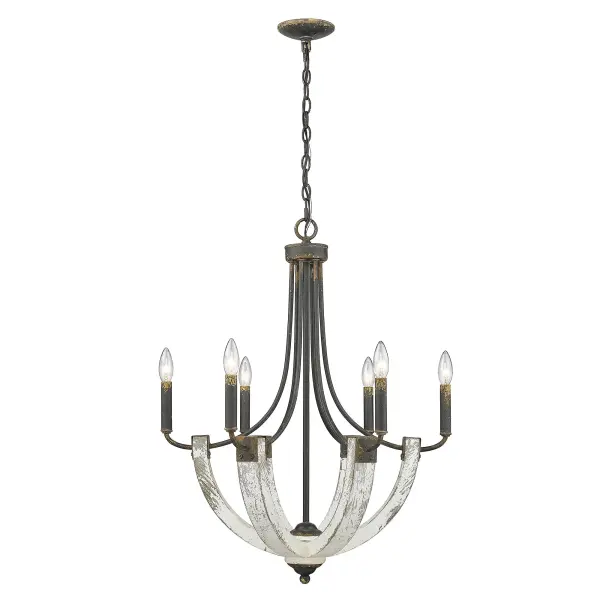 Bring Farmhouse elegance into your home with the Wry Lighting Elwood 6-light Chandelier. Featuring an eye-catching design and an Antique Black Iron frame, it creates a welcoming atmosphere. The chandelier exhibits a raw, distressed aesthetic without the use of a shade, showcasing its bold structure and inviting texture. Crafted with a richly detailed Antique Black Iron finish, the chandelier evokes a sense of history and craftsmanship, making each piece unique. The heavily pitted and crackled surface captures the rugged beauty of a bygone era, lending an authentic touch to your space. Make a grand impression in dining rooms and foyers or elevate bedrooms and living spaces with a touch of classic elegance. Dry Location Rated for indoor spaces not subject to moisture, it is also compatible with sloped ceilings. Overall Dimensions: 24"W x 30.5"H x 24"D, requiring 6 E12 Candelabra base bulbs (not included) with a maximum of 60 watts per bulb. The Wry Lighting Elwood 6-light Chandelier is a testament to artisanal craftsmanship, making it an ideal statement piece that enhances your home's character. Collection: Elwood Rooms: Kitchen,Living,Dining Finish: Antique Black Iron Width: 24.00" Height: 30.50" Length: 24.00" Weight: 9.46 lb Extension from Wall: 24.00" Chain: 6` Wire: 10` Canopy: 5"W x 5"H x 1"D Number of Bulbs: 6 Maximum Wattage: 60.00 W Bulb Type: CA10 Bulb Base: E12 Light Source: Incandescent Dimmable Voltage: 120.00 V Material: Steel, Wood Country of Origin: China Safety Listing: ETL Safety Rating: Dry Connection: Hardware Manufacturer Warranty: 1 Year Limited - alternate view