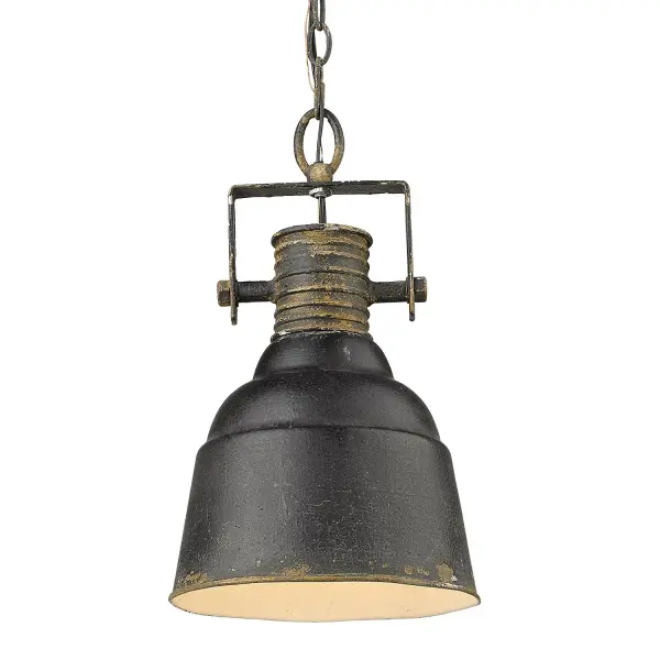 Bring Industrial charm into your home with the Wry Lighting Quarry 1-light Pendant. Featuring a bell-shaped design and an Antique Black Iron frame, it creates a bold and stylish atmosphere. This pendant light boasts a raw, utilitarian design with a distressed metal finish, showcasing its authentic character without a shade, allowing for direct lighting in any room. Capturing the essence of early 20th-century factories, the Antique Black Iron finish reveals layers of rugged textures, making this pendant a statement piece adorned with rich history and artistry. Ideal for kitchens, dining rooms, and entryways, this pendant is Dry Location Rated for indoor use and is easily adjustable for different ceiling heights. Overall Dimensions: 9.25"W x 15.63"H x 9.25"D, it requires 1 E26 Medium base bulb (not included) with a maximum of 100 watts. The Wry Lighting Quarry 1-light Pendant seamlessly marries form and function, adding a touch of urban edge and character to your space. Collection: Quarry Rooms: Accent, Kitchen, Bath Finish: Antique Black Iron Glass: Antique Black Iron Width: 9.25" Height: 15.63" Length: 9.25" Weight: 4.44 lb Extension from Wall: 9.25" Chain: 6` Wire: 10` Canopy: 5"W x 5"H x 1"D Number of Bulbs: 1 Maximum Wattage: 100.00 W Bulb Type: A19 Bulb Base: E26 Light Source: Incandescent Dimmable Voltage: 120.00 V Material: Steel Country of Origin: China Safety Listing: ETL Safety Rating: Dry Connection: Hardware Manufacturer Warranty: 1 Year Limited Instructions Parts Diagram