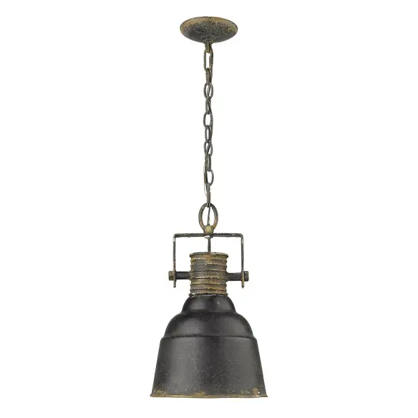 Bring Industrial charm into your home with the Wry Lighting Quarry 1-light Pendant. Featuring a bell-shaped design and an Antique Black Iron frame, it creates a bold and stylish atmosphere. This pendant light boasts a raw, utilitarian design with a distressed metal finish, showcasing its authentic character without a shade, allowing for direct lighting in any room. Capturing the essence of early 20th-century factories, the Antique Black Iron finish reveals layers of rugged textures, making this pendant a statement piece adorned with rich history and artistry. Ideal for kitchens, dining rooms, and entryways, this pendant is Dry Location Rated for indoor use and is easily adjustable for different ceiling heights. Overall Dimensions: 9.25"W x 15.63"H x 9.25"D, it requires 1 E26 Medium base bulb (not included) with a maximum of 100 watts. The Wry Lighting Quarry 1-light Pendant seamlessly marries form and function, adding a touch of urban edge and character to your space. Collection: Quarry Rooms: Accent, Kitchen, Bath Finish: Antique Black Iron Glass: Antique Black Iron Width: 9.25" Height: 15.63" Length: 9.25" Weight: 4.44 lb Extension from Wall: 9.25" Chain: 6` Wire: 10` Canopy: 5"W x 5"H x 1"D Number of Bulbs: 1 Maximum Wattage: 100.00 W Bulb Type: A19 Bulb Base: E26 Light Source: Incandescent Dimmable Voltage: 120.00 V Material: Steel Country of Origin: China Safety Listing: ETL Safety Rating: Dry Connection: Hardware Manufacturer Warranty: 1 Year Limited Instructions Parts Diagram - alternate view