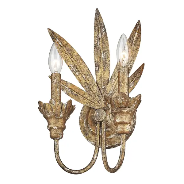 The Lillianne 2-Light Wall Sconce brings organic elegance with hand-painted floral motifs and gold leafing. Its heirloom gold finish adds rustic sophistication, while damp location rating makes it versatile for bathrooms and covered porches.