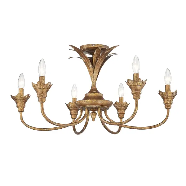The Lillianne semi-flush mount brings warmth and rustic charm with intricate floral and leaf motifs in an Heirloom Gold finish. Its multi-layered design creates visual interest while providing ample illumination for mid-height ceilings.