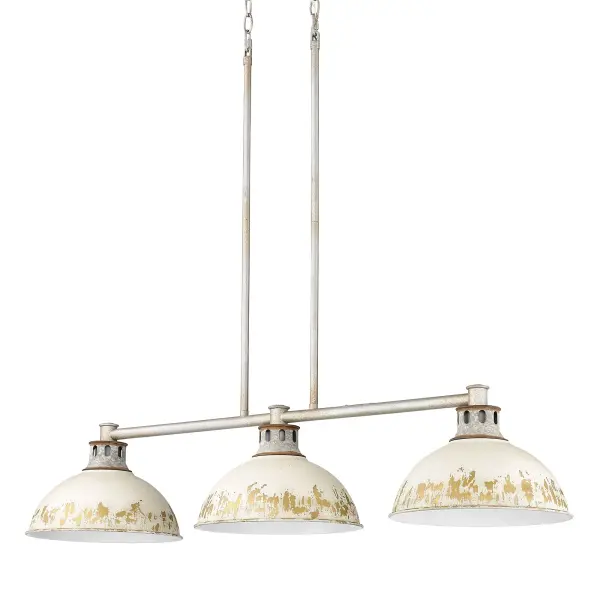 The Kinsley 3-Light Island Light combines aged galvanized steel with antique ivory metal shades to create a statement piece that evokes European heirloom charm. Perfect for farmhouse and traditional kitchens seeking character-rich lighting.