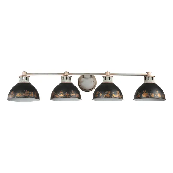 The Kinsley 4-Light Vanity combines authentic farmhouse character with industrial styling through its distressed Antique Black Iron finish and Aged Galvanized Steel frame. Perfect for larger bathrooms and vanities, this fixture delivers ample illumination while showcasing vintage craftsmanship.