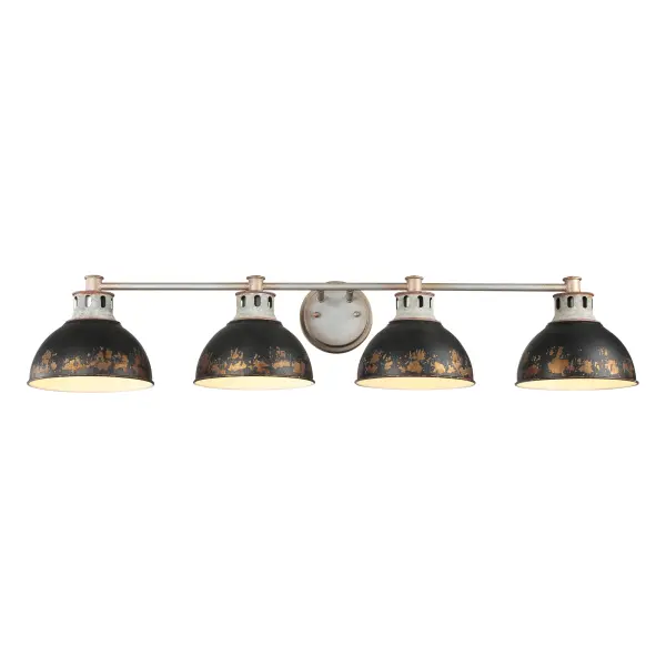 The Kinsley 4-Light Vanity combines authentic farmhouse character with industrial styling through its distressed Antique Black Iron finish and Aged Galvanized Steel frame. Perfect for larger bathrooms and vanities, this fixture delivers ample illumination while showcasing vintage craftsmanship. - alternate view